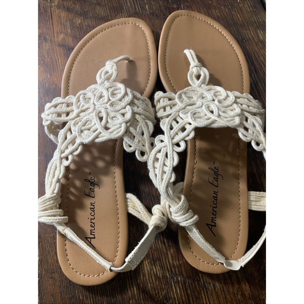 American Eagle Crocheted Cream Sandals Womens 9.5 Thong Summer Boho Beach Cute - Picture 4 of 8